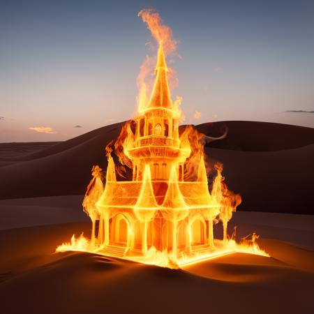 00952-1486230747-a (firecd, fire, flame, burning) villa, building model, on sand, (solo_1.2), , no humans, high quality, masterpiece, realistic,.png